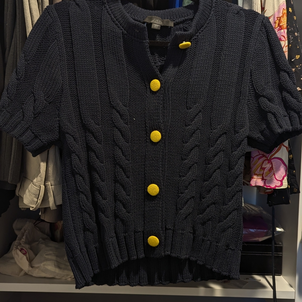 Zara Navy Cable Knit Cardigan with Yellow Buttons
